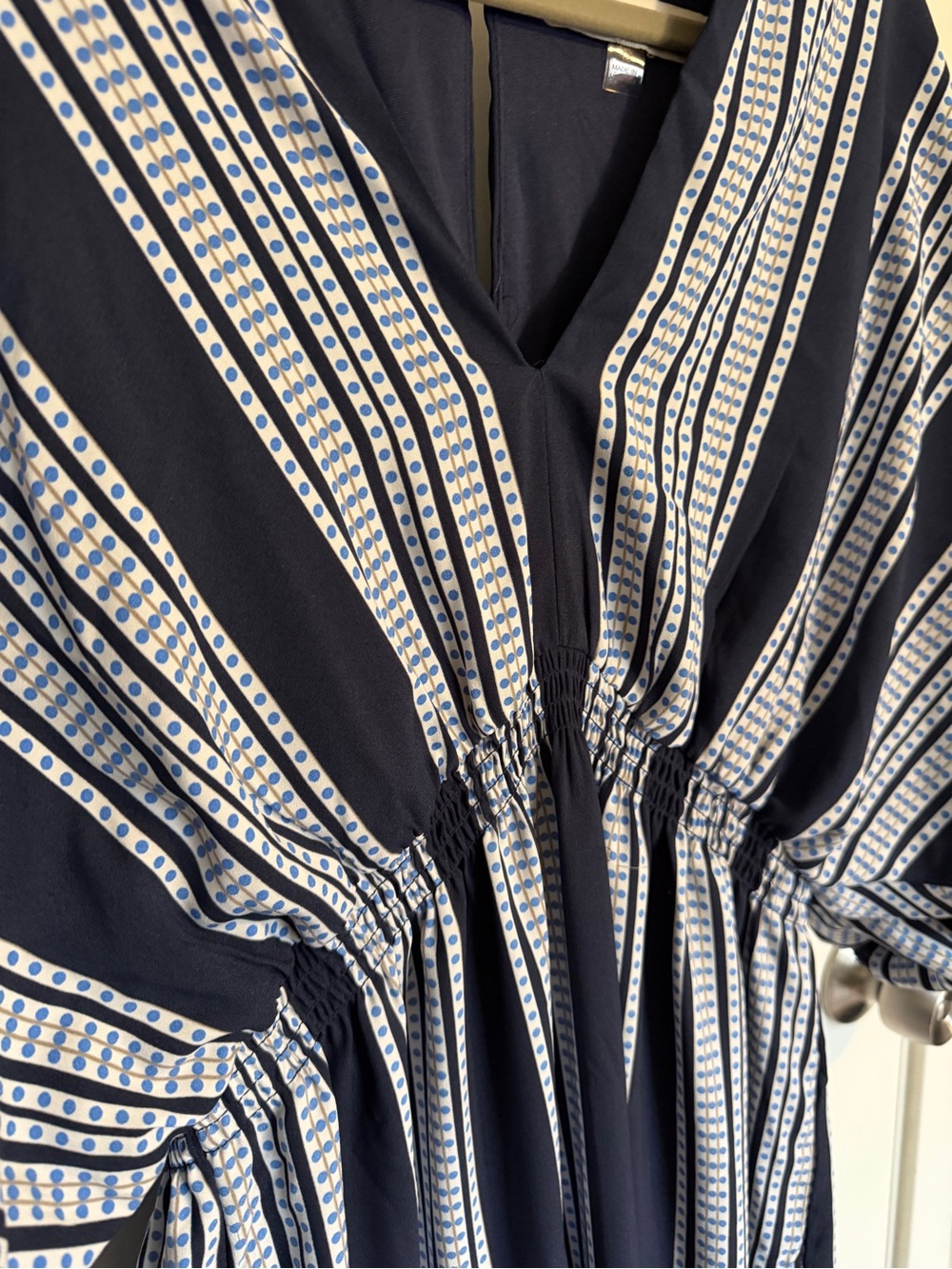 Taylor Size 16 Navy White Stripe Midi Dress Tiered Puff Sleeve V Neck - Picture 7 of 11